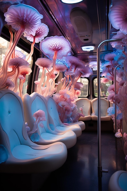 Ci sono molti fiori rosa sui sedili di un autobus generativo ai