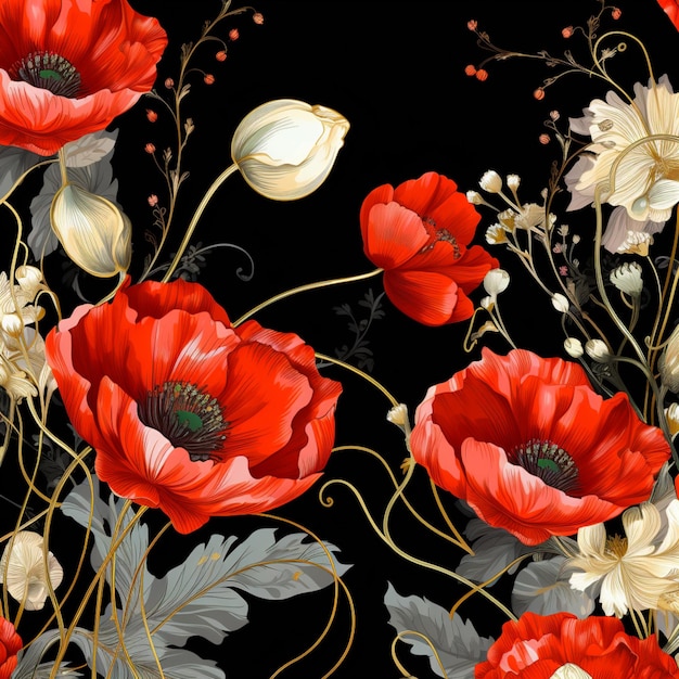 Ci sono molti fiori rossi e bianchi su uno sfondo nero ai generativo
