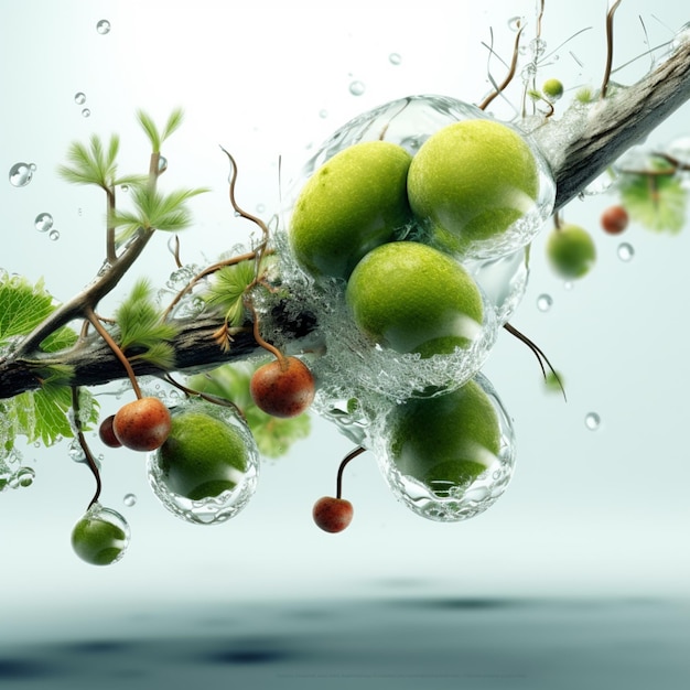ci sono molti frutti che pendono da un ramo nell'acqua generativa ai
