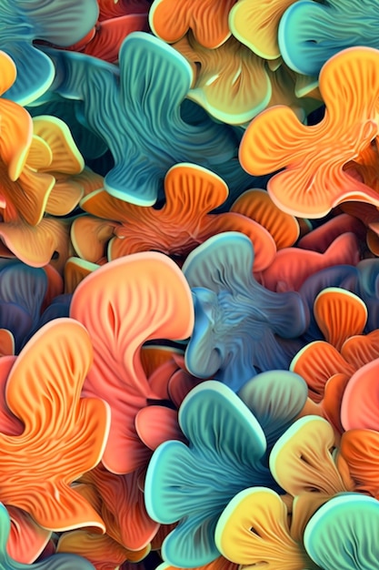 Ci sono molti funghi di diversi colori che sono raggruppati insieme generativo ai