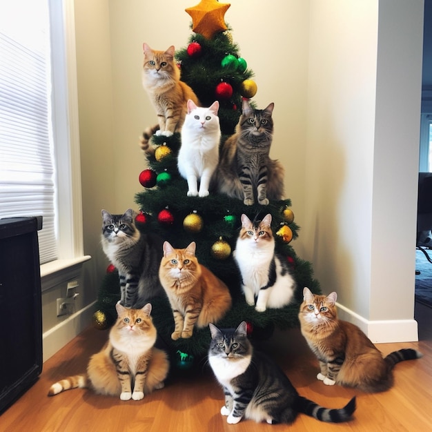 Ci sono molti gatti seduti in cima a un albero di Natale generativo ai