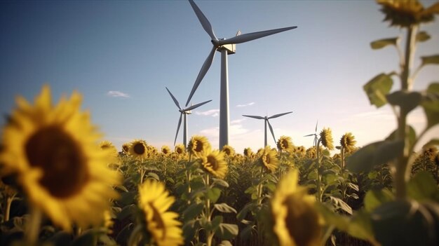 Ci sono molti girasoli in un campo con turbine eoliche sullo sfondo ai generativo