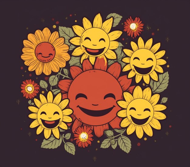 Ci sono molti girasoli sorridenti in cerchio con facce generative ai