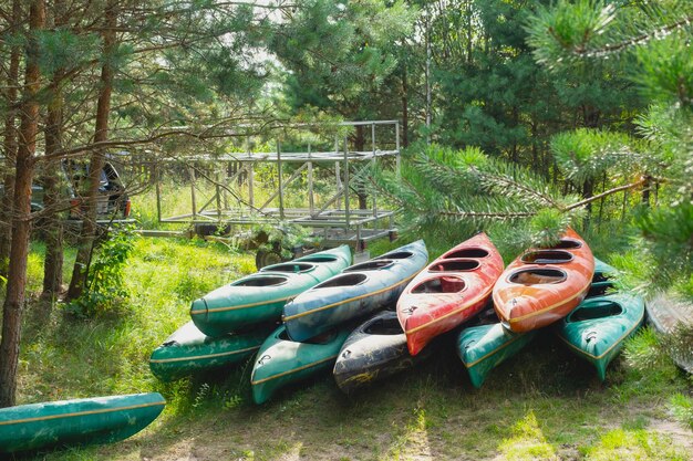 Ci sono molti kayak per un'escursione in acqua in un grande gruppo Servizio turistico di consegna e trasporto in barca durante un viaggio commerciale