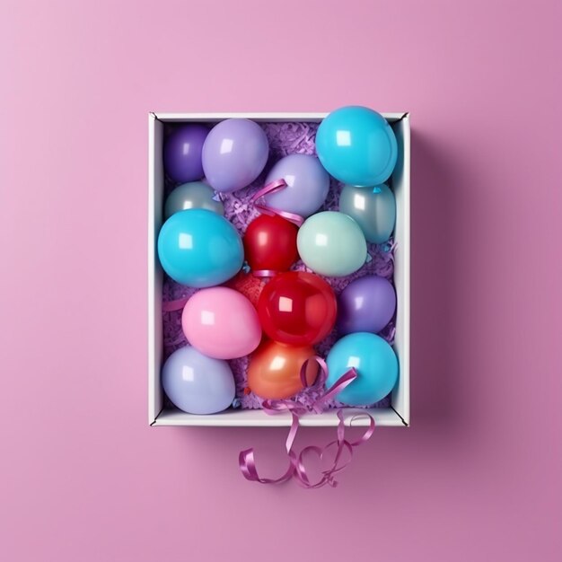 Ci sono molti palloncini in una scatola con un nastro sul lato generativo ai