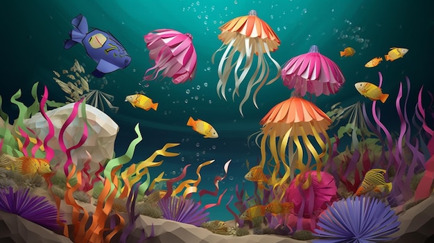 Ci sono molti pesci di diversi colori che nuotano nell'oceano generativo ai