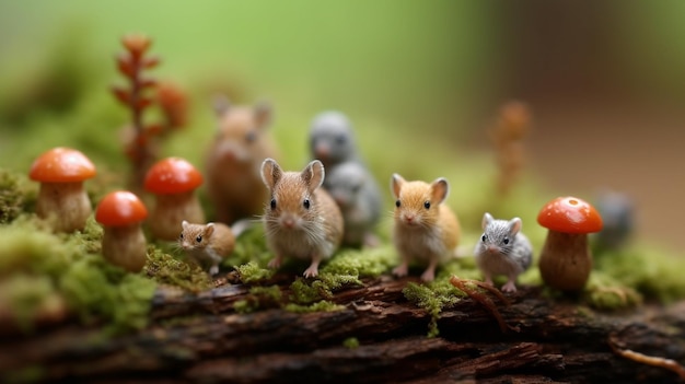 Ci sono molti piccoli topi che stanno in piedi su un tronco coperto di muschio generativo ai