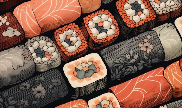 ci sono molti rotoli di sushi in mostra in un negozio di intelligenza artificiale