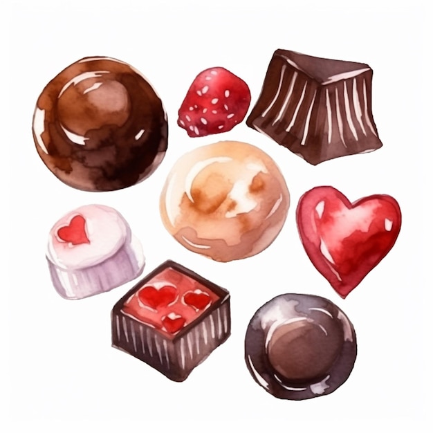 Ci sono molti tipi diversi di cioccolatini su uno sfondo bianco generativo ai