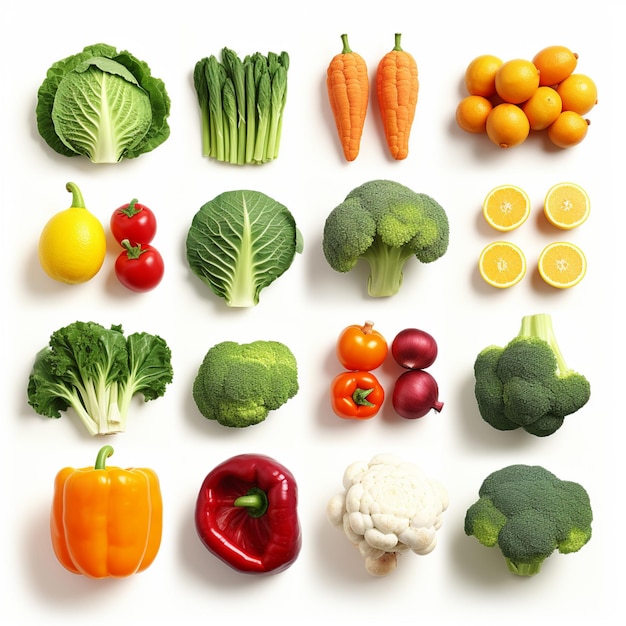 ci sono molti tipi diversi di frutta e verdura sulla tavola ai generativa