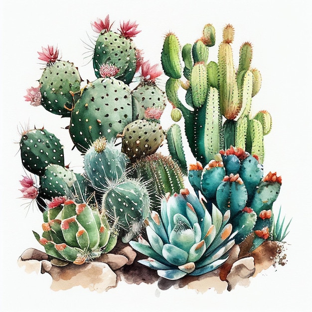 ci sono molti tipi diversi di piante di cactus in questa immagine ai generativa