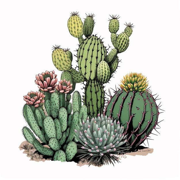 ci sono molti tipi diversi di piante di cactus in questo disegno ai generativo