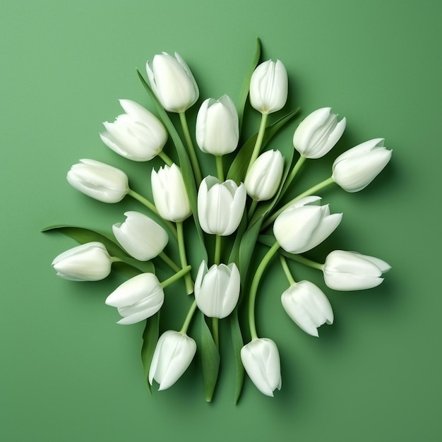 Ci sono molti tulipani bianchi disposti in cerchio su una superficie verde generativa ai