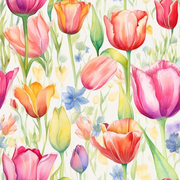 Ci sono molti tulipani di diversi colori su uno sfondo bianco generativo ai