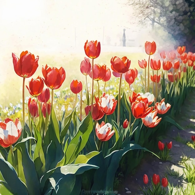 Ci sono molti tulipani rossi e bianchi in un campo generativo ai