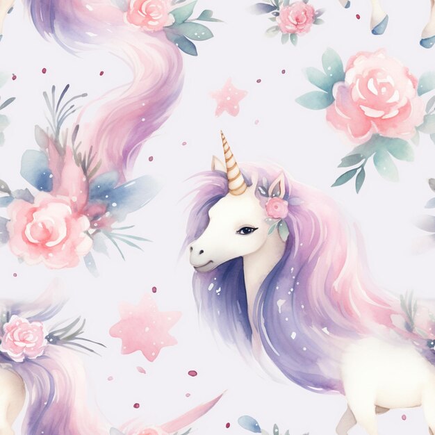 ci sono molti unicorni con lunghe crini e fiori sullo sfondo generativo ai