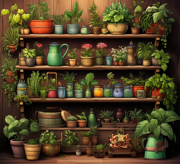 Ci sono molti vasi e piante su uno scaffale in una stanza generativa ai