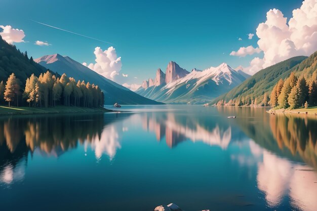 Ci sono montagne e acqua limpida del lago sotto il cielo blu bellissimo sfondo del paesaggio