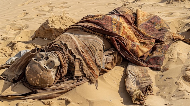 Ci sono ossa umane e tessuti trovati sulla superficie della sabbia in questo attualmente scavato