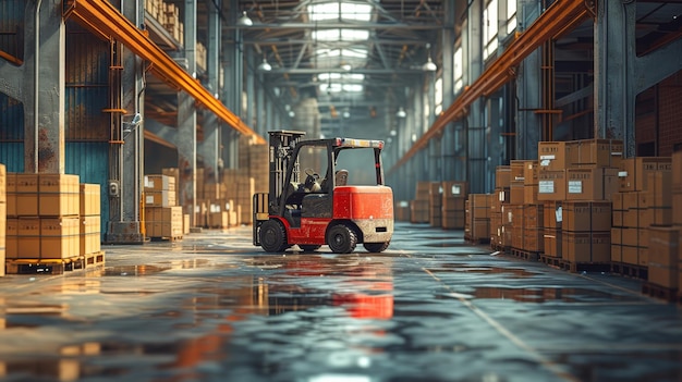 Ci sono pallet con scatole nel magazzino C'è un carrello elevatore all'interno dell'hangar di stoccaggio Ci sono pacchetti di cartone su scatole in magazzino