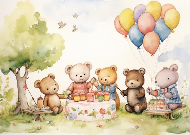 ci sono quattro orsacchiotti seduti a un tavolo da picnic con palloncini generativ ai