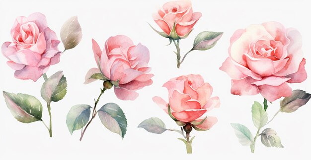 ci sono quattro rose che sono dipinte in acquerello su uno sfondo bianco generativo ai