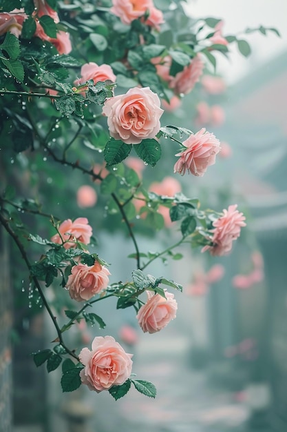 Ci sono rose rosa che crescono su un albero sotto la pioggia.