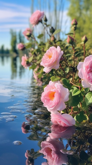 Ci sono rose rosa che crescono sul bordo di un lago generativo ai