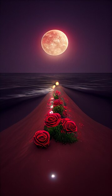 ci sono rose sulla spiaggia con la luna piena sullo sfondo ai generativo