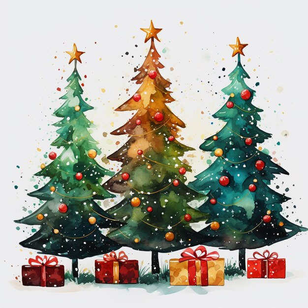 ci sono tre alberi di Natale con regali sotto di loro nella neve generativa ai