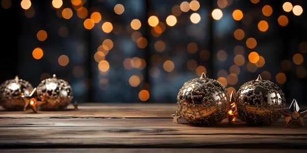 Ci sono tre brillanti ornamenti di Natale su un tavolo di legno.