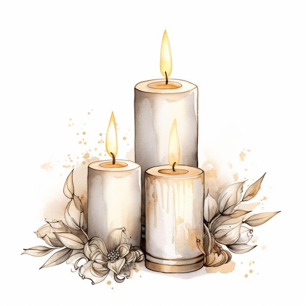 ci sono tre candele con fiori e foglie sul tavolo generativo ai