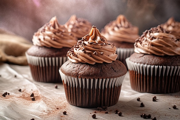 Ci sono tre cupcake con glassa di cioccolato e cipolla generativa ai