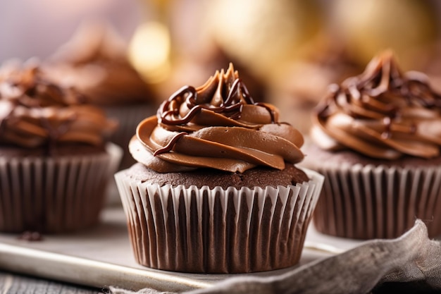 Ci sono tre cupcake con glassa di cioccolato su un vassoio generativo ai