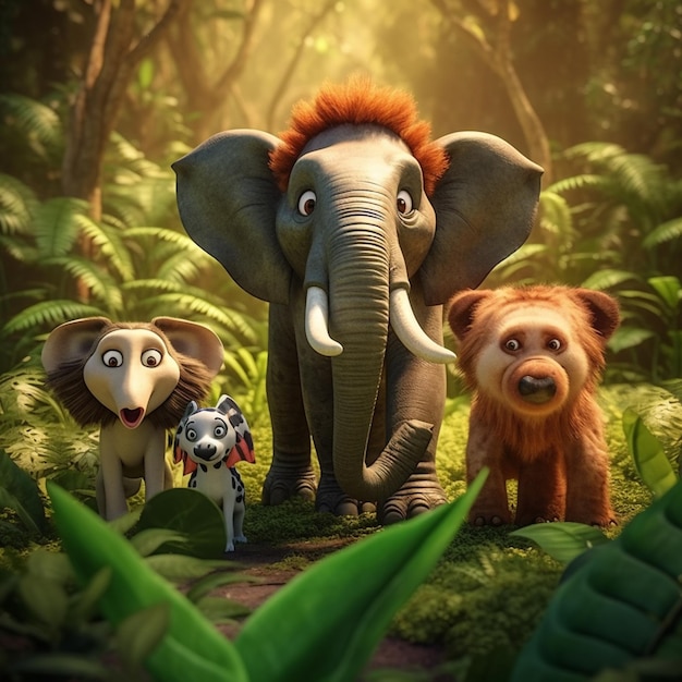 Ci sono tre diversi animali in piedi nella giungla insieme generativo ai