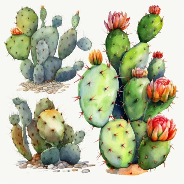 Ci sono tre diversi tipi di piante di cactus con fiori rossi generativi ai
