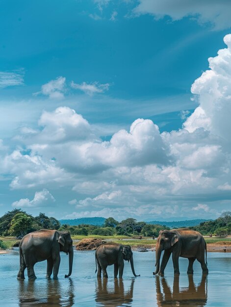 Ci sono tre elefanti in piedi nell'acqua insieme generativo ai