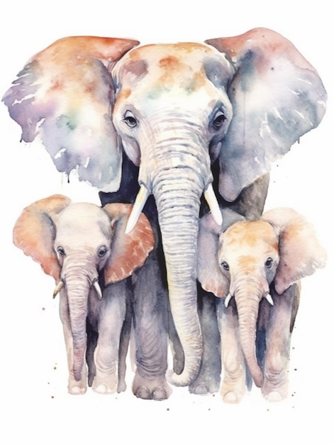 Ci sono tre elefanti in piedi uno accanto all'altro su uno sfondo bianco ai generativo