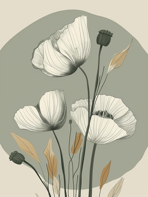 ci sono tre fiori bianchi in un vaso con foglie generative ai
