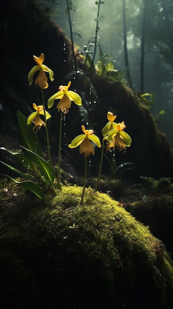 ci sono tre fiori gialli che crescono su una roccia muschiosa ai generativa