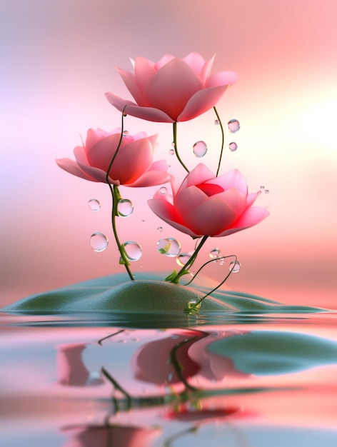 ci sono tre fiori rosa che sono nell'acqua generativa ai