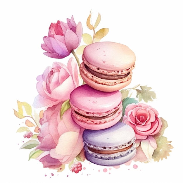 Ci sono tre macaron e due rose sul tavolo generativo ai