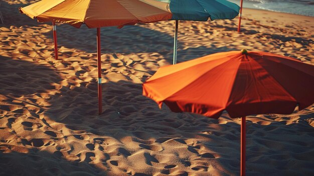 Ci sono tre ombrelli sulla spiaggia vicino al generatore d'acqua ai