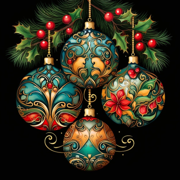 ci sono tre ornamenti appesi al ramo di un albero di Natale generativo ai
