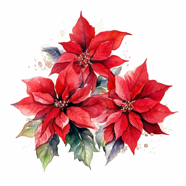 Ci sono tre poinsettie rosse su uno sfondo bianco ai generativo