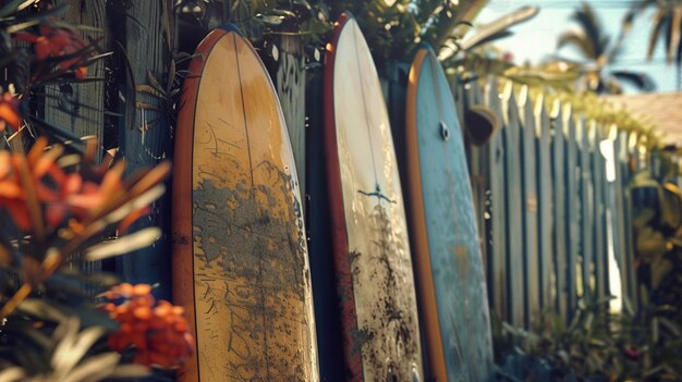 Ci sono tre tavole da surf appoggiate contro una recinzione con fiori generativi ai