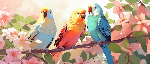 Ci sono tre uccelli colorati seduti su un ramo di un albero generativo ai