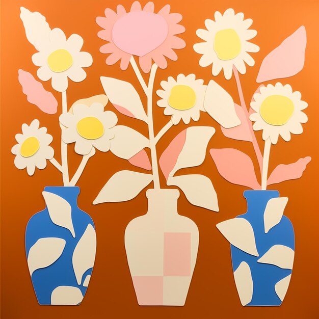 Ci sono tre vasi con fiori in essi su uno sfondo arancione generativo ai