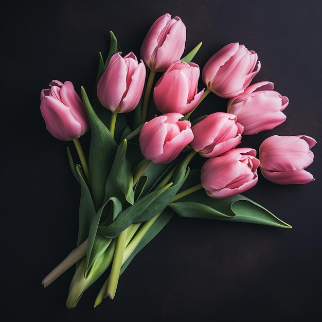 Ci sono un mucchio di tulipani rosa su una superficie nera generativa ai