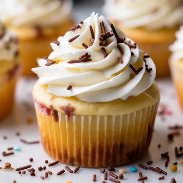 ci sono un sacco di cupcakes con glassa bianca e confettini generativi ai